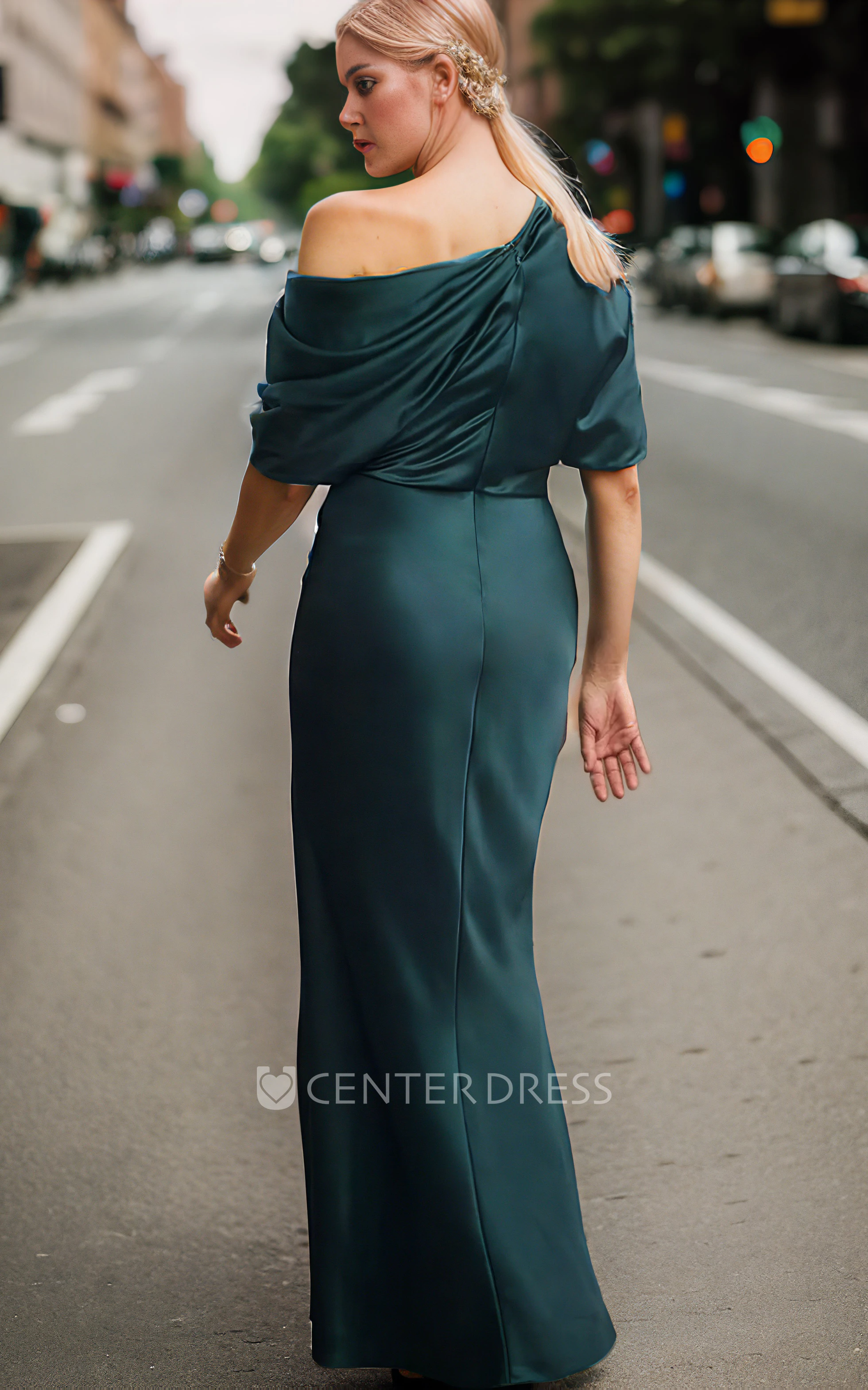 Casual Short Sleeves Off-Shoulder Satin Mother Of Bridals Dress