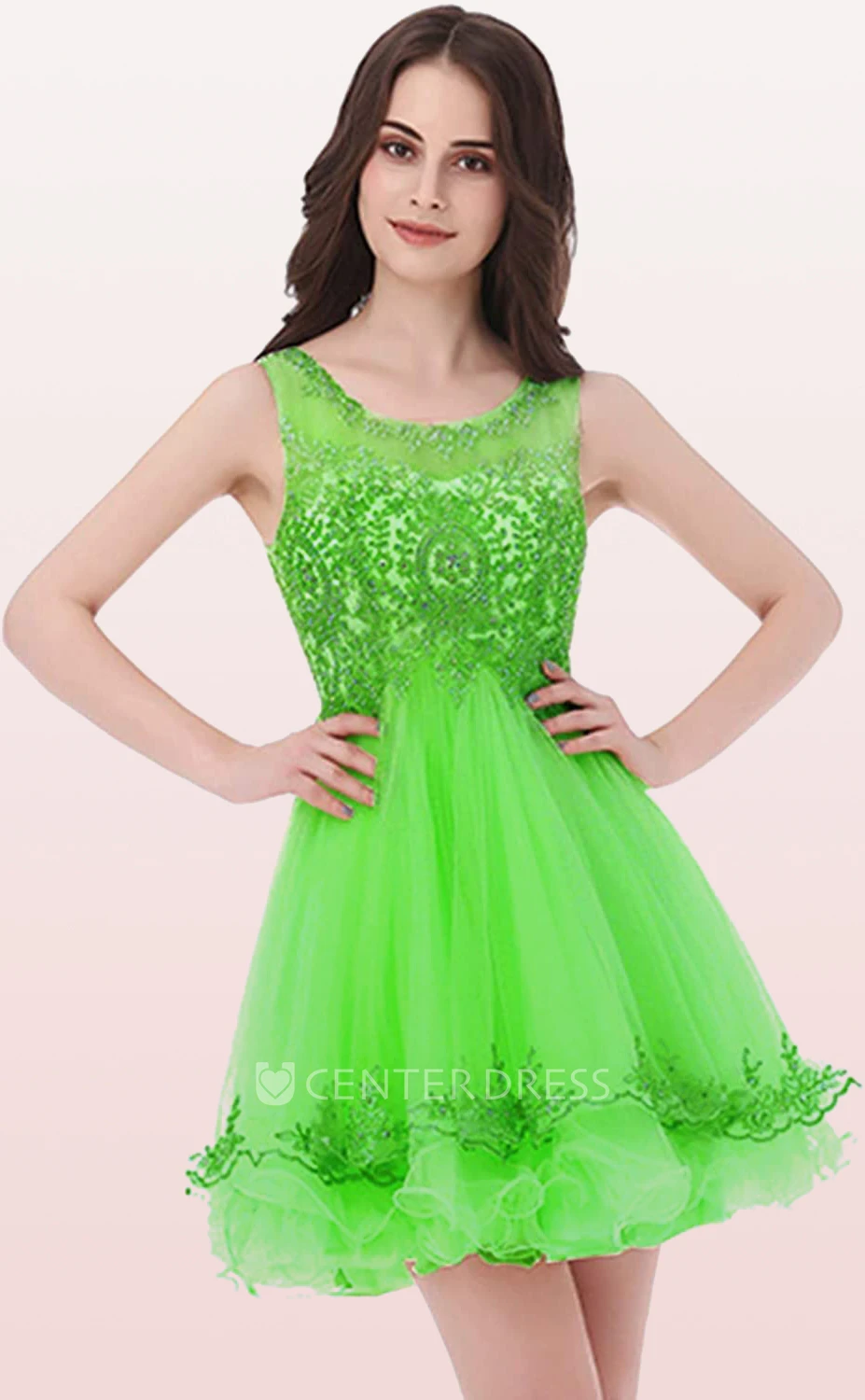 Romantic A Line Tulle Scoop Sleeveless Homecoming Dress with Embroidery