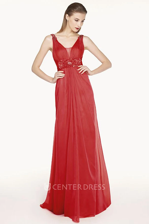 Empire Floral Waist A-Line Chiffon Long Prom Dress With V Back