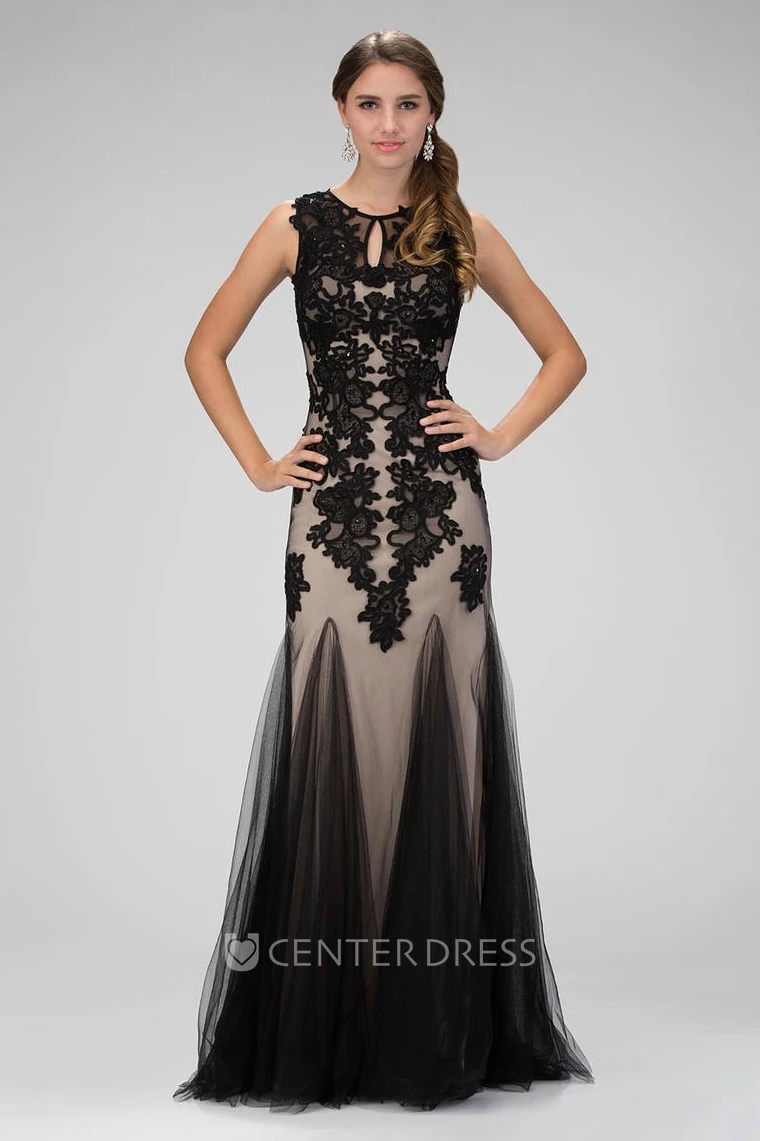 Sheath Scoop-Neck Sleeveless Tulle Illusion Dress With Appliques