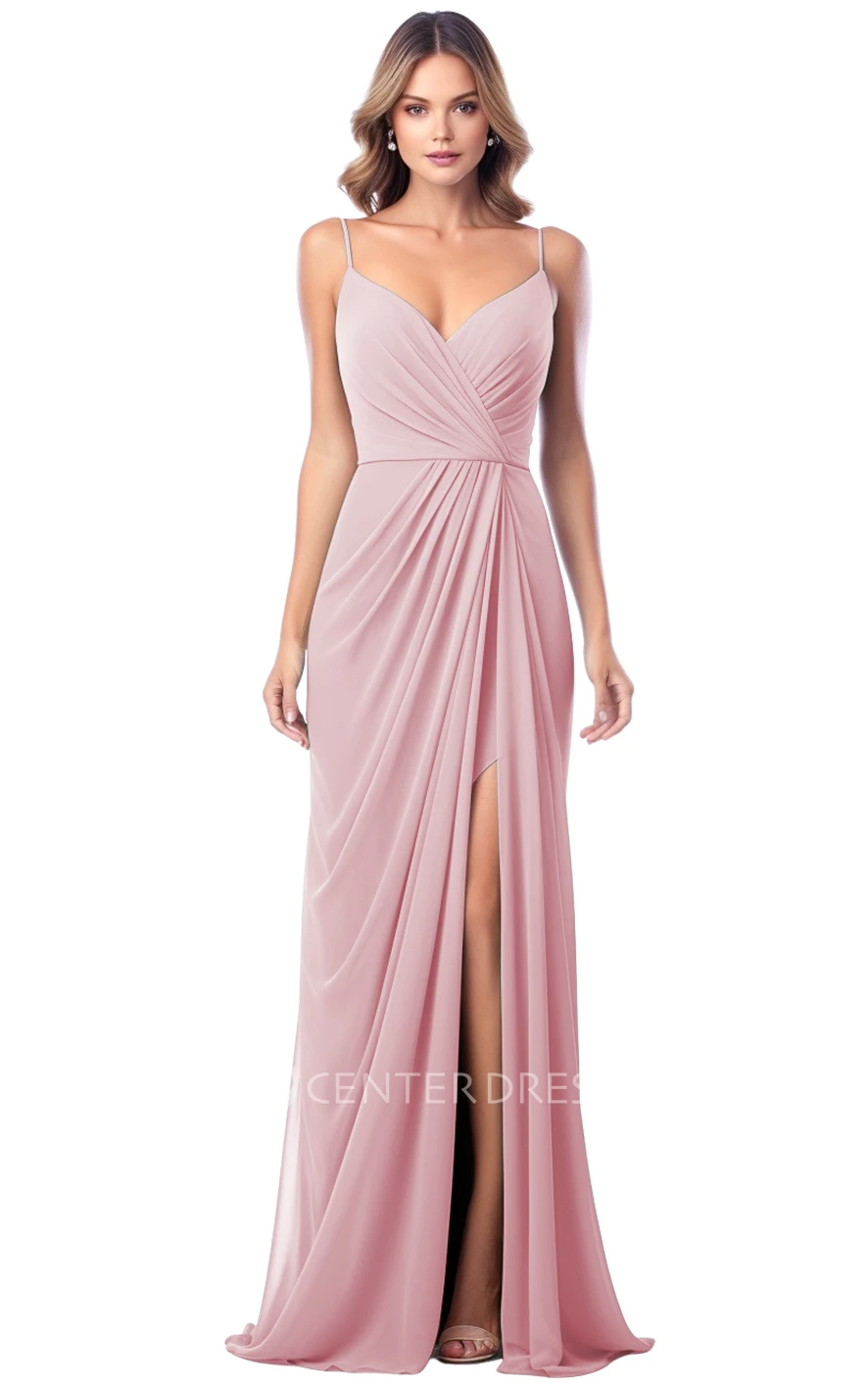 A-Line Satin V-neck Split Bridesmaid Dress Simple & Elegant