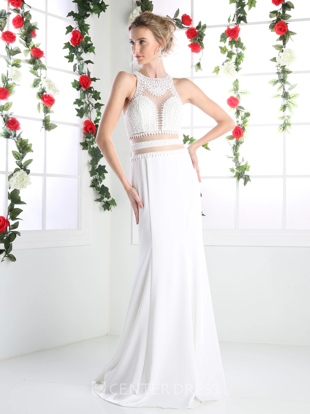 Sheath Jewel-Neck Sleeveless Jersey Keyhole Dress With Beading