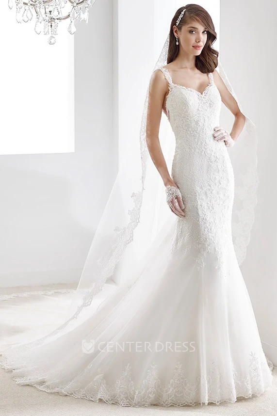 Sweetheart A-Line Pleated Lace Gown With Pearl Belt And Brush Train