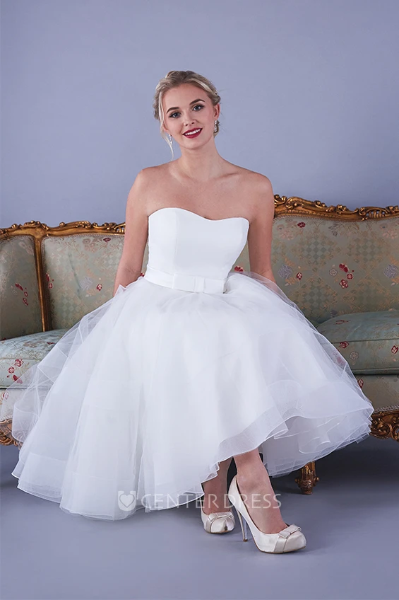 Simple Organza A-line Strapless Belt Knee-length Ruched Wedding Dress