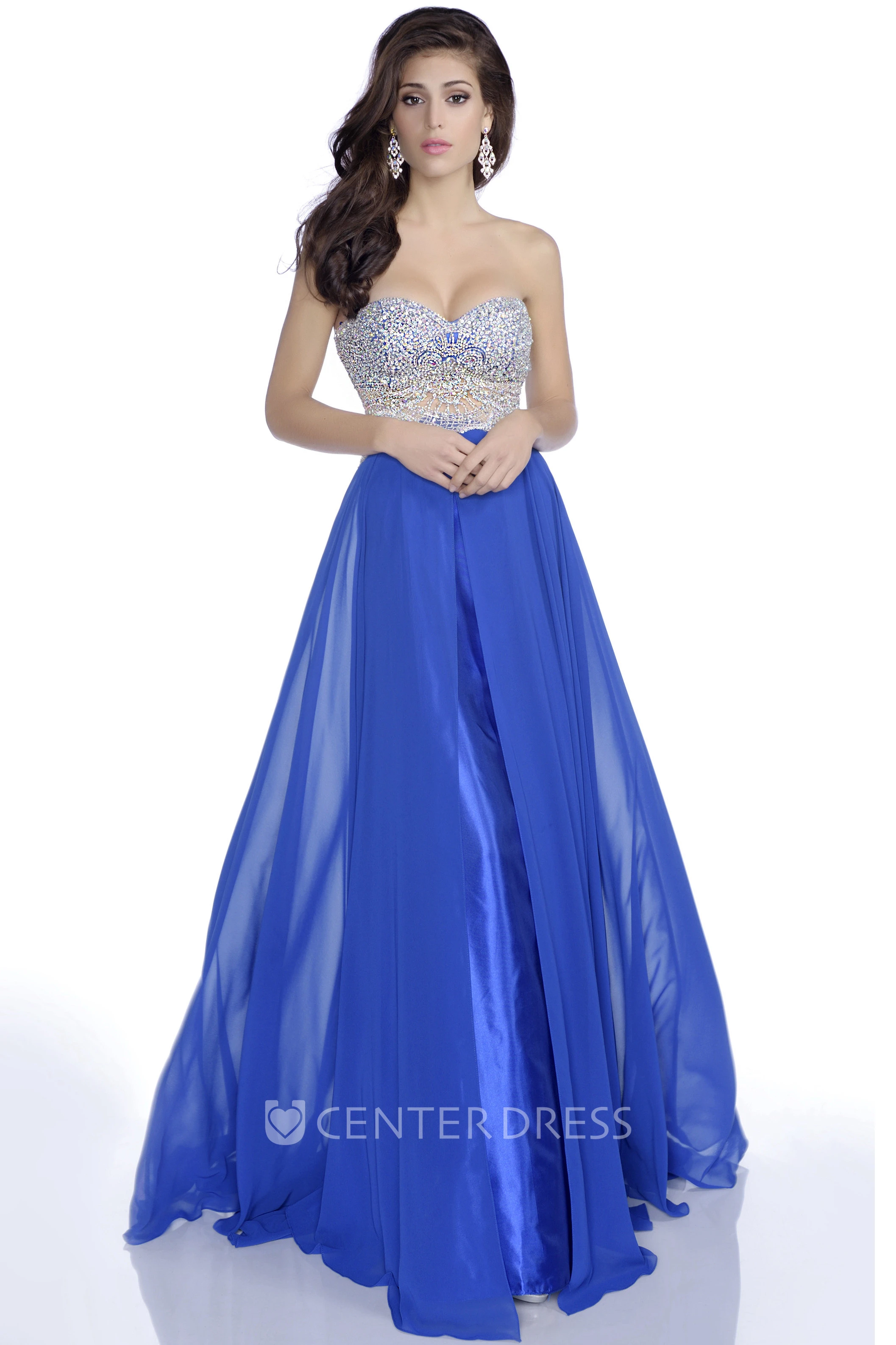 A-Line Sweetheart Sleeveless Chiffon Gown With Sophisticated Jeweled Bodice