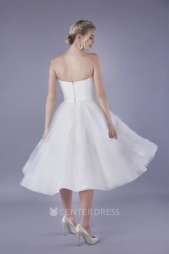 Simple Organza A-line Strapless Belt Knee-length Ruched Wedding Dress