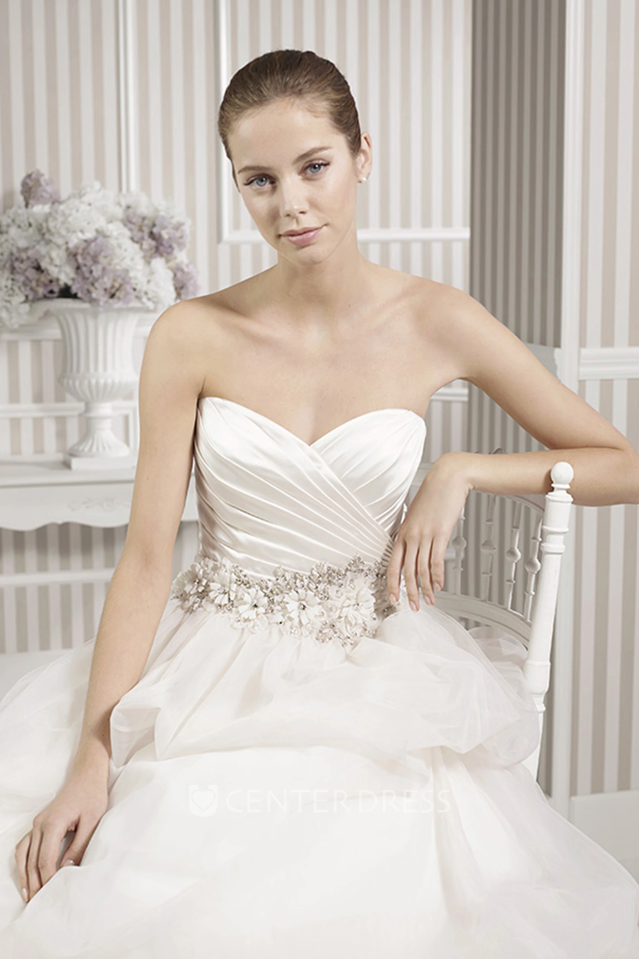 Ball Gown Long Jeweled Sweetheart Satin&Tulle Wedding Dress With Criss Cross And Pick Up