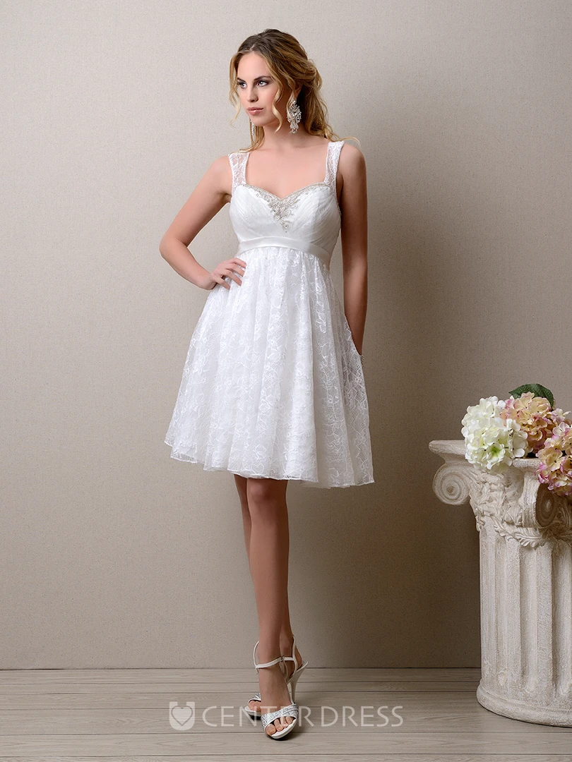 Knee Length A-Line Sleeveless Lace Wedding Dress With Beadings