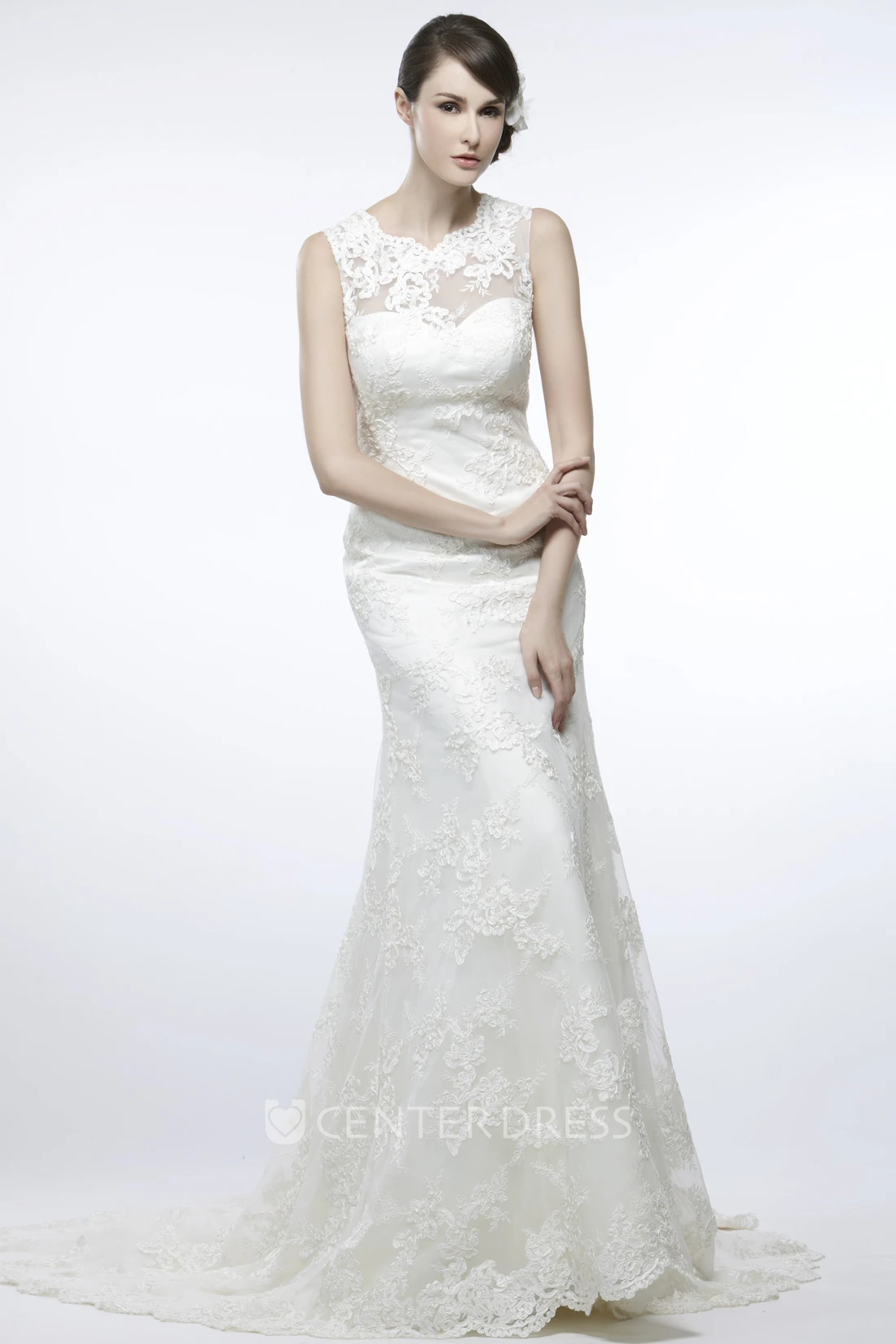 Sheath Sleeveless Appliqued Floor-Length Scoop Lace Wedding Dress With Illusion Back And Court Train