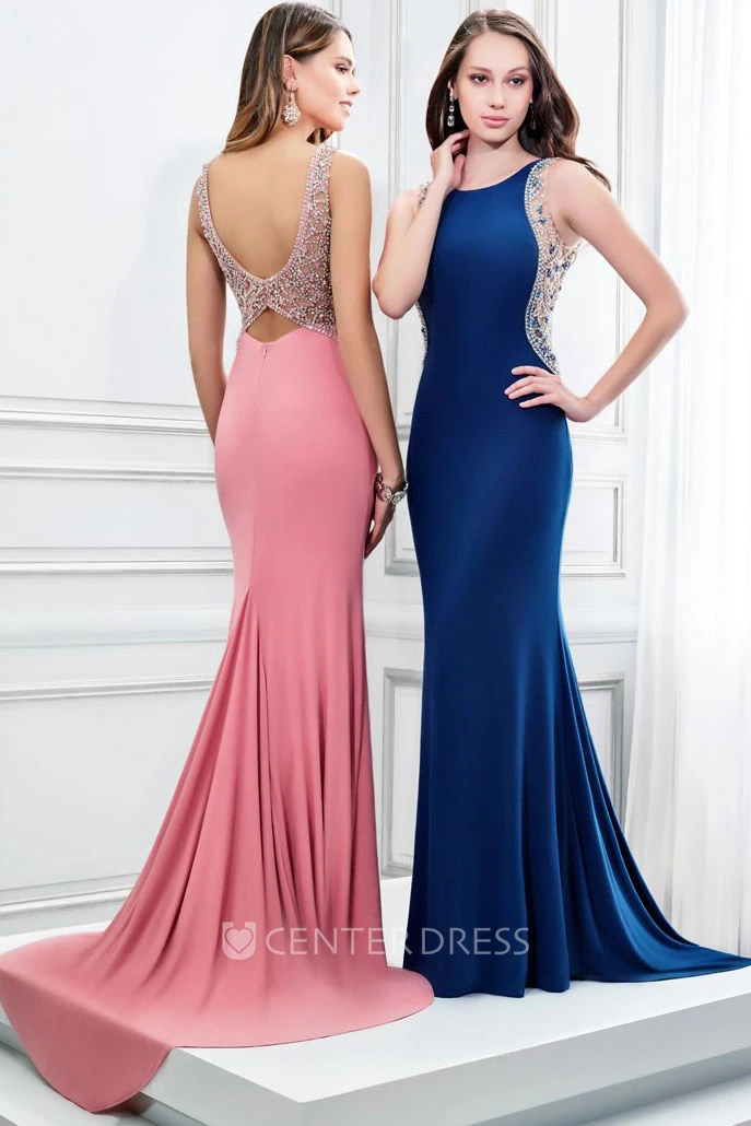 Floor-Length Sheath Sleeveless Scoop Neck Beaded Jersey Prom Dress