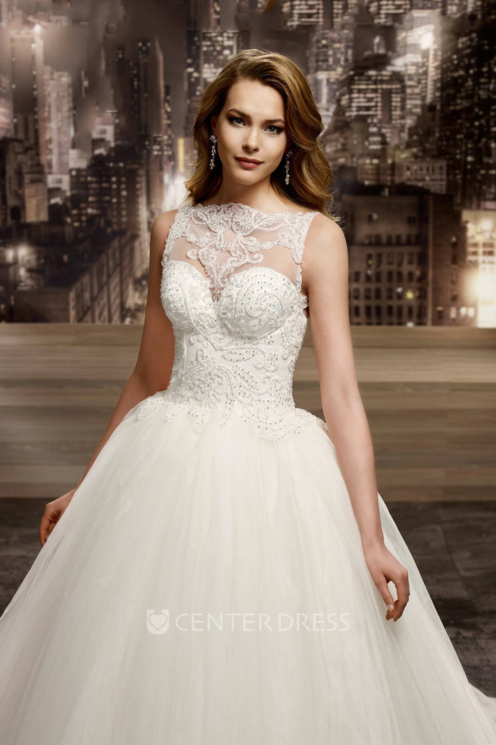 Cap Sleeve A-Line Jewel-Neck Bridal Gown With Lace Corset And Brush Train