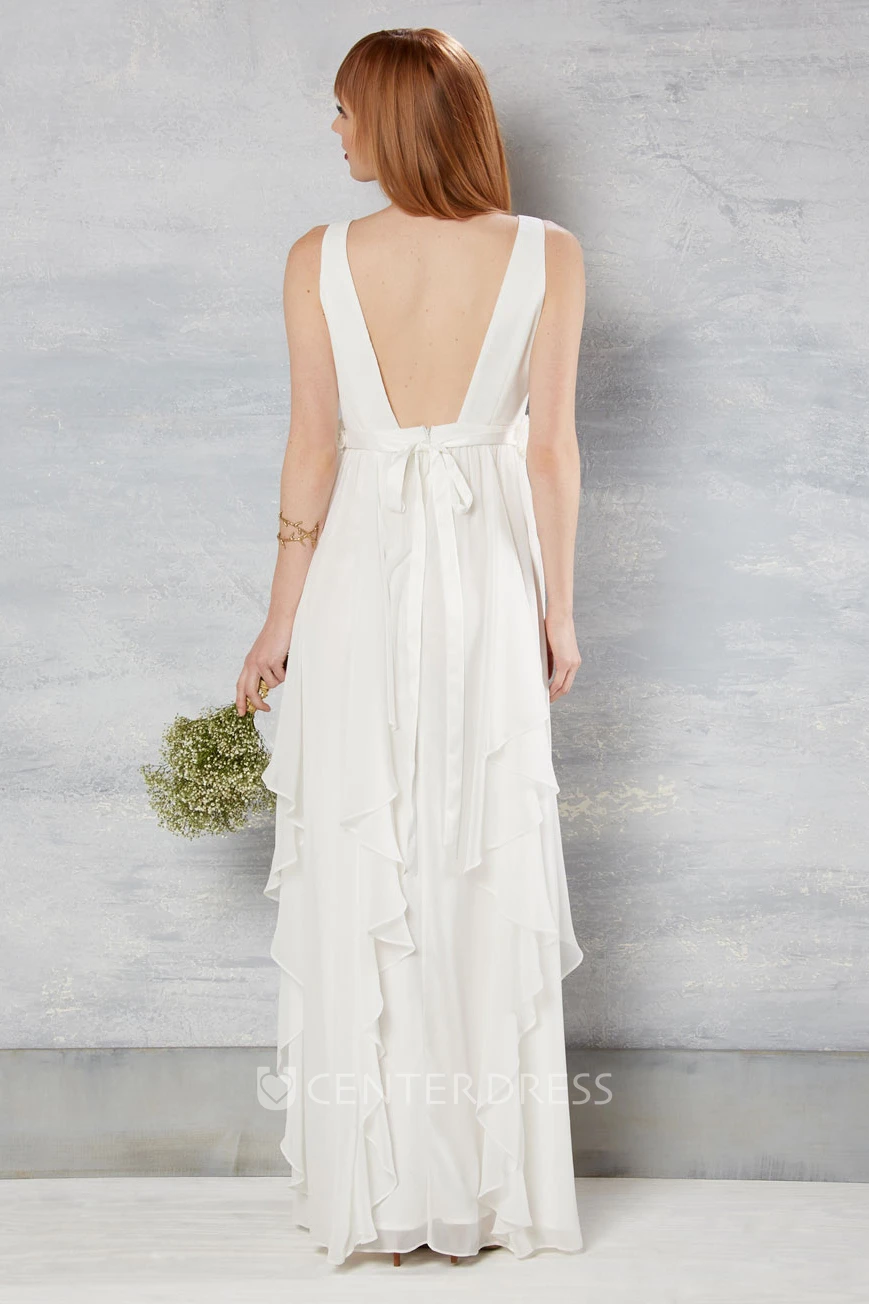V-Neck Ankle-Length Sleeveless Chiffon Wedding Dress With Draping