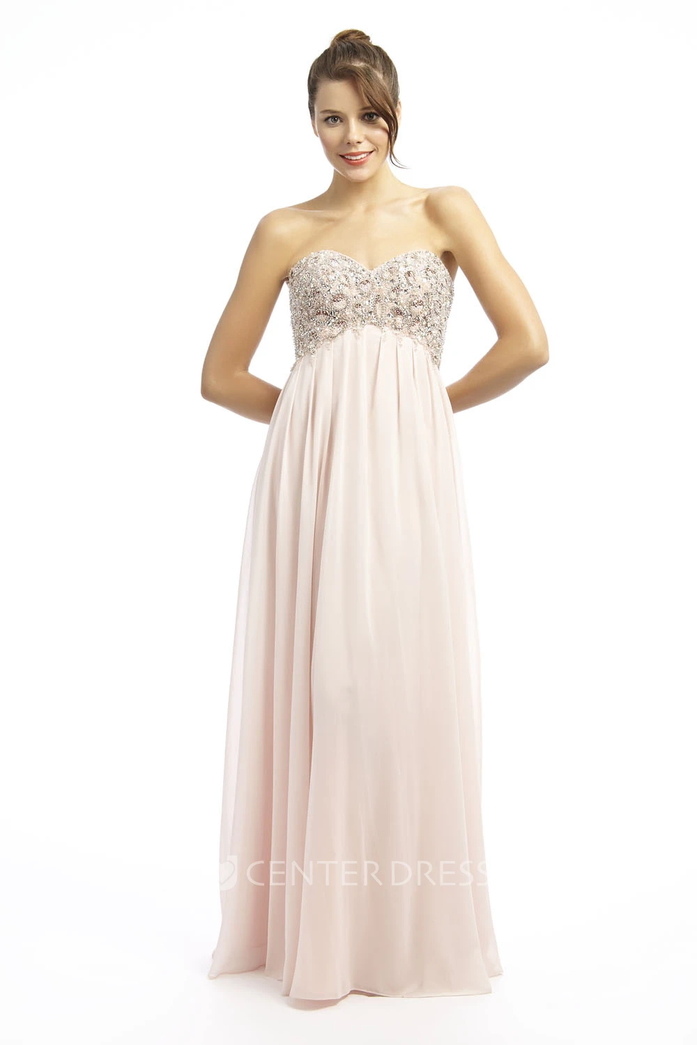 Sheath Beaded Sweetheart Sleeveless Empire Long Chiffon Prom Dress
