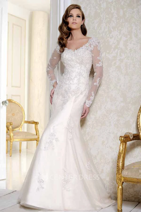 V-Neck Floor-Length Long-Sleeve Appliqued Satin&Tulle Wedding Dress