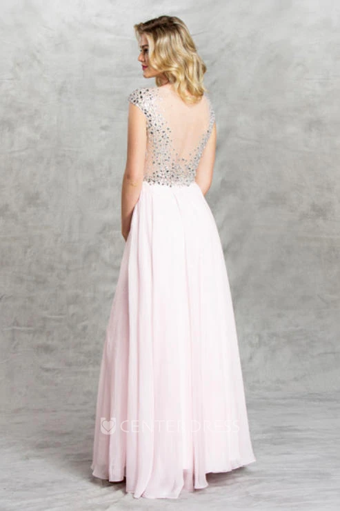 Sheath Maxi Jewel-Neck Cap-Sleeve Chiffon Illusion Dress With Split Front And Beading
