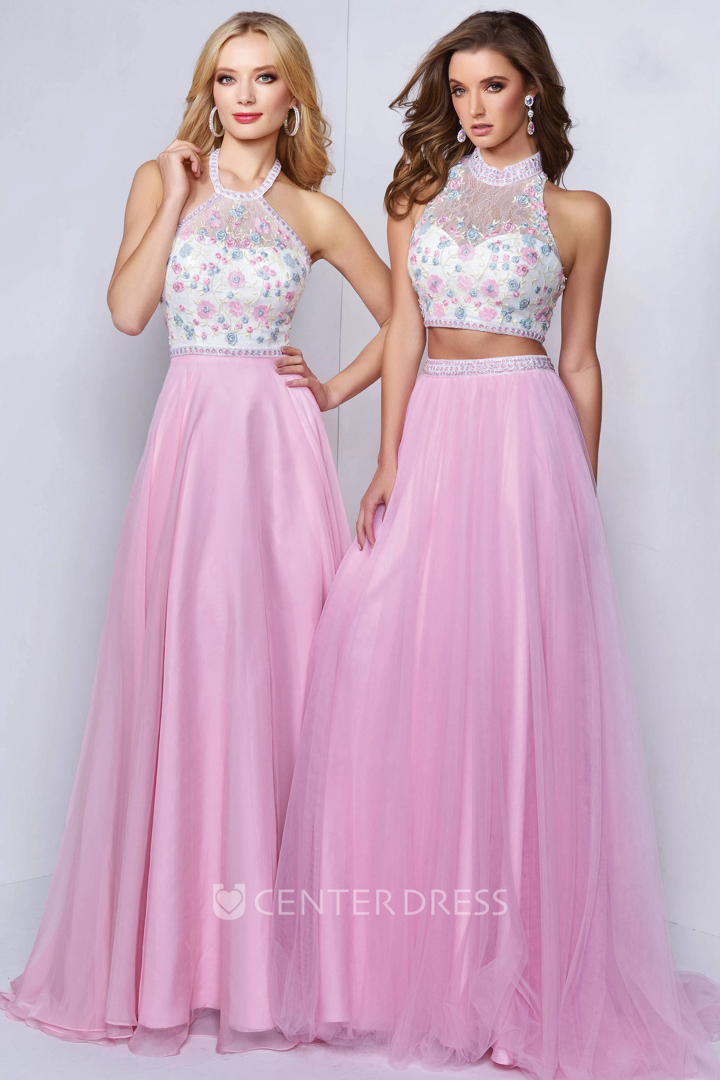 A-Line Maxi Halter Sleeveless Backless Dress With Appliques And Flower