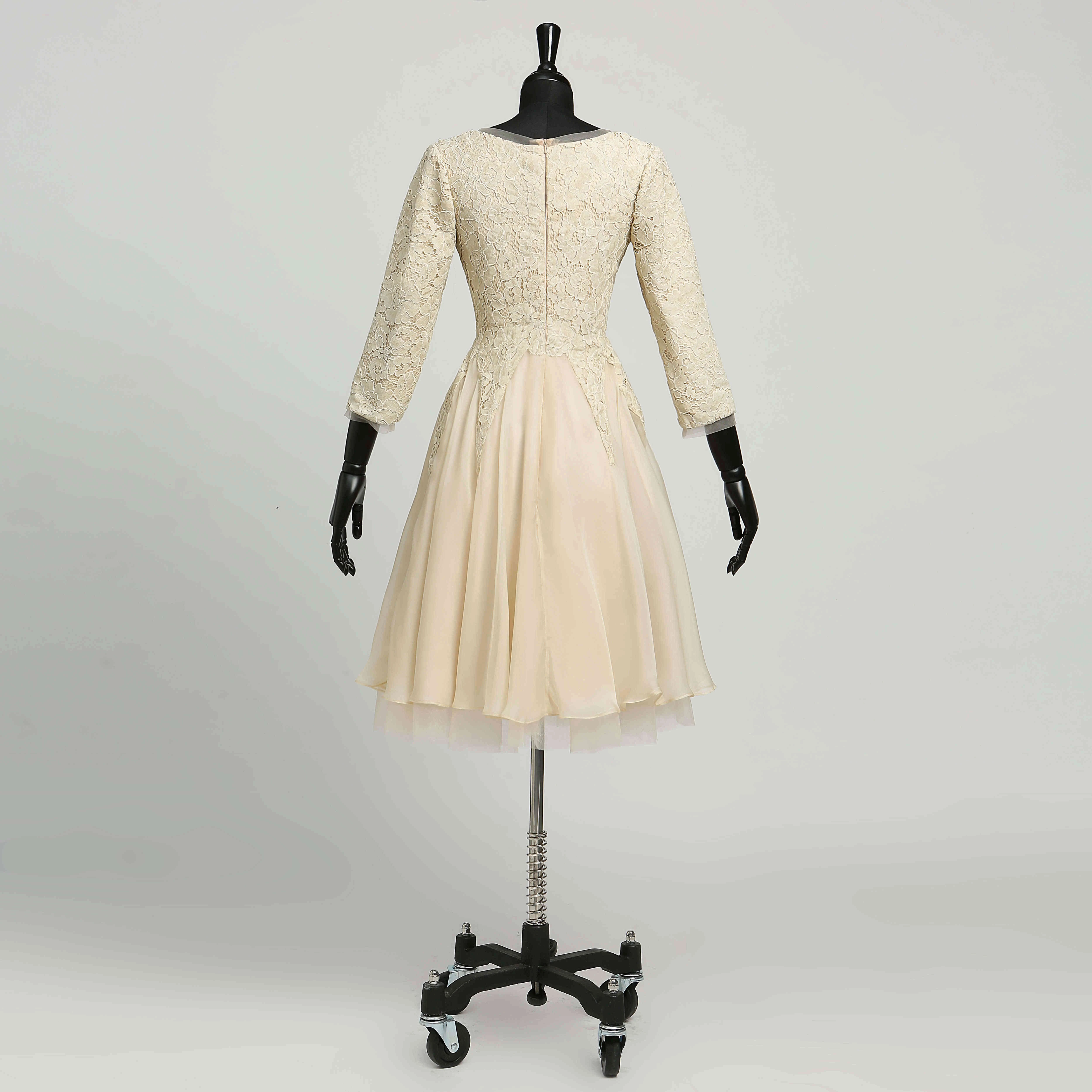Chiffon A-Line Scoop Adorable 3-4 Length Sleeve Short Mini Zipper Dress with Lace