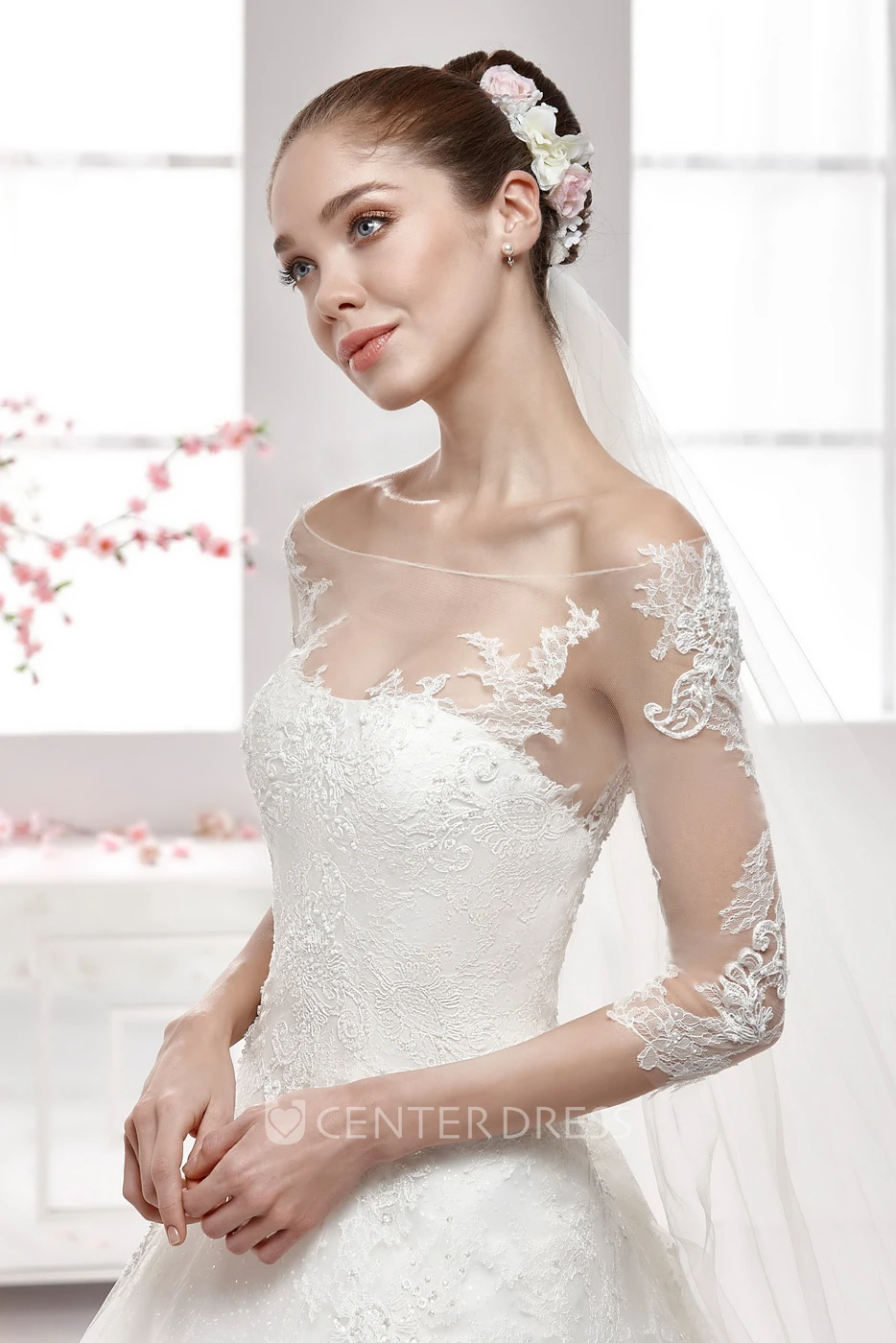 Off-shoulder A-line Lace Wedding Dress with Half Sleeves and Illusive Design