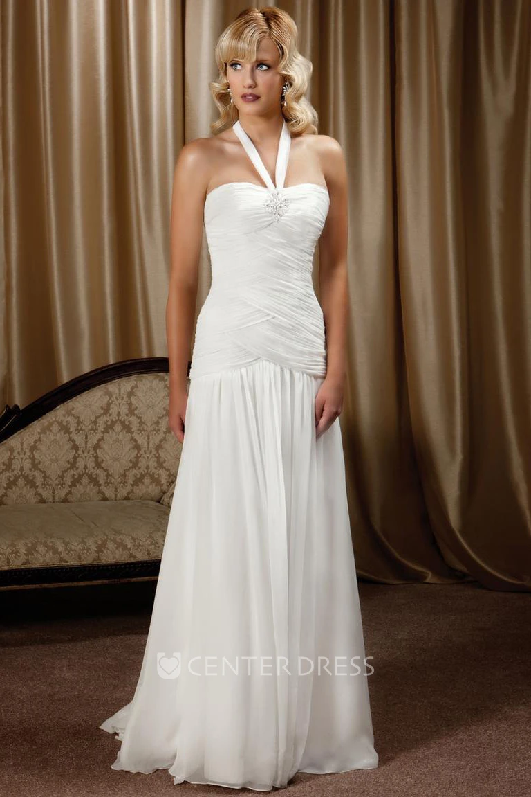 Sheath Long-Sleeveless Halter Chiffon Wedding Dress With Criss Cross And Court Train
