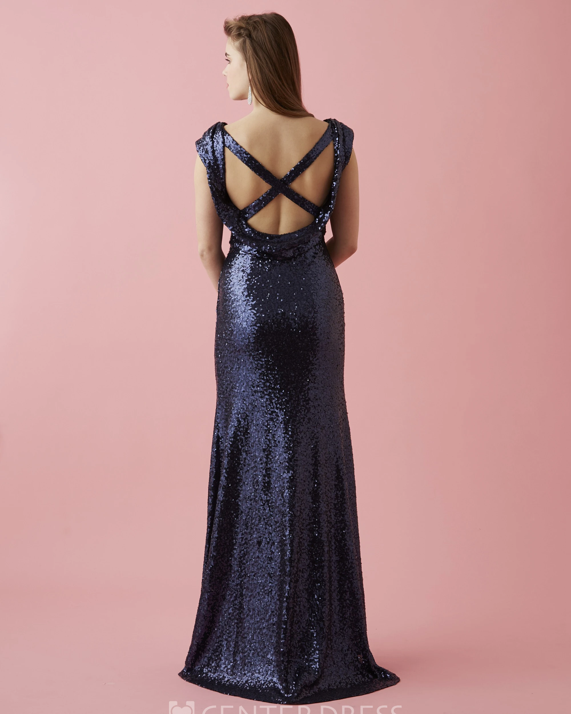 Sheath Long V-Neck Cap-Sleeve Sequins Straps Dress With Split Front And Side Draping
