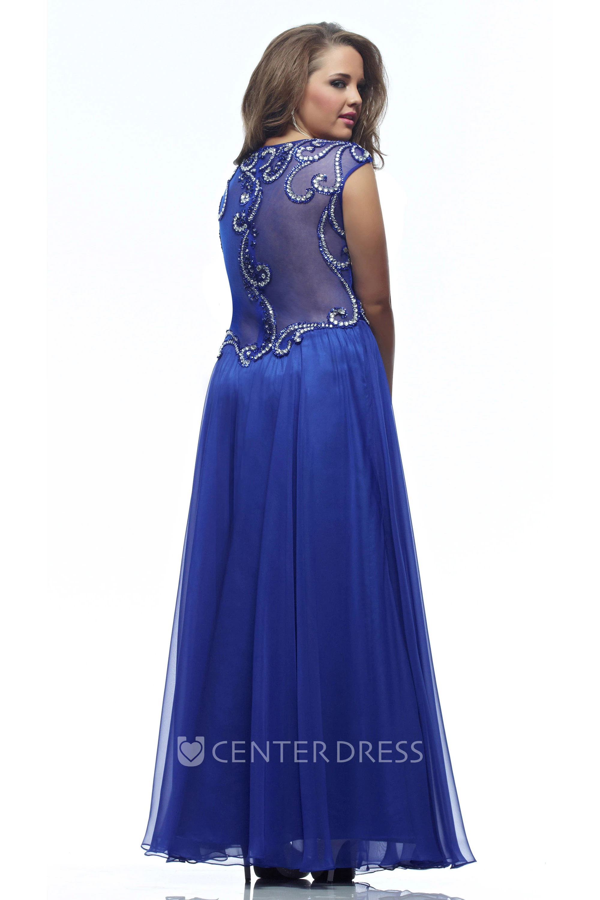 A-line Ankle-length V-neck Cap Jersey Beading Pleats Illusion Dress