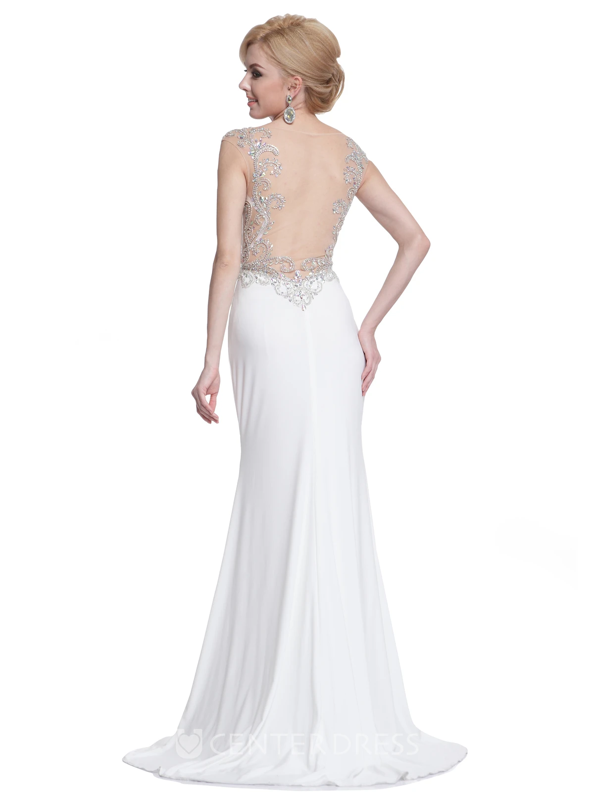 Sheath Long Jewel-Neck Cap-Sleeve Jersey Illusion Dress With Beading