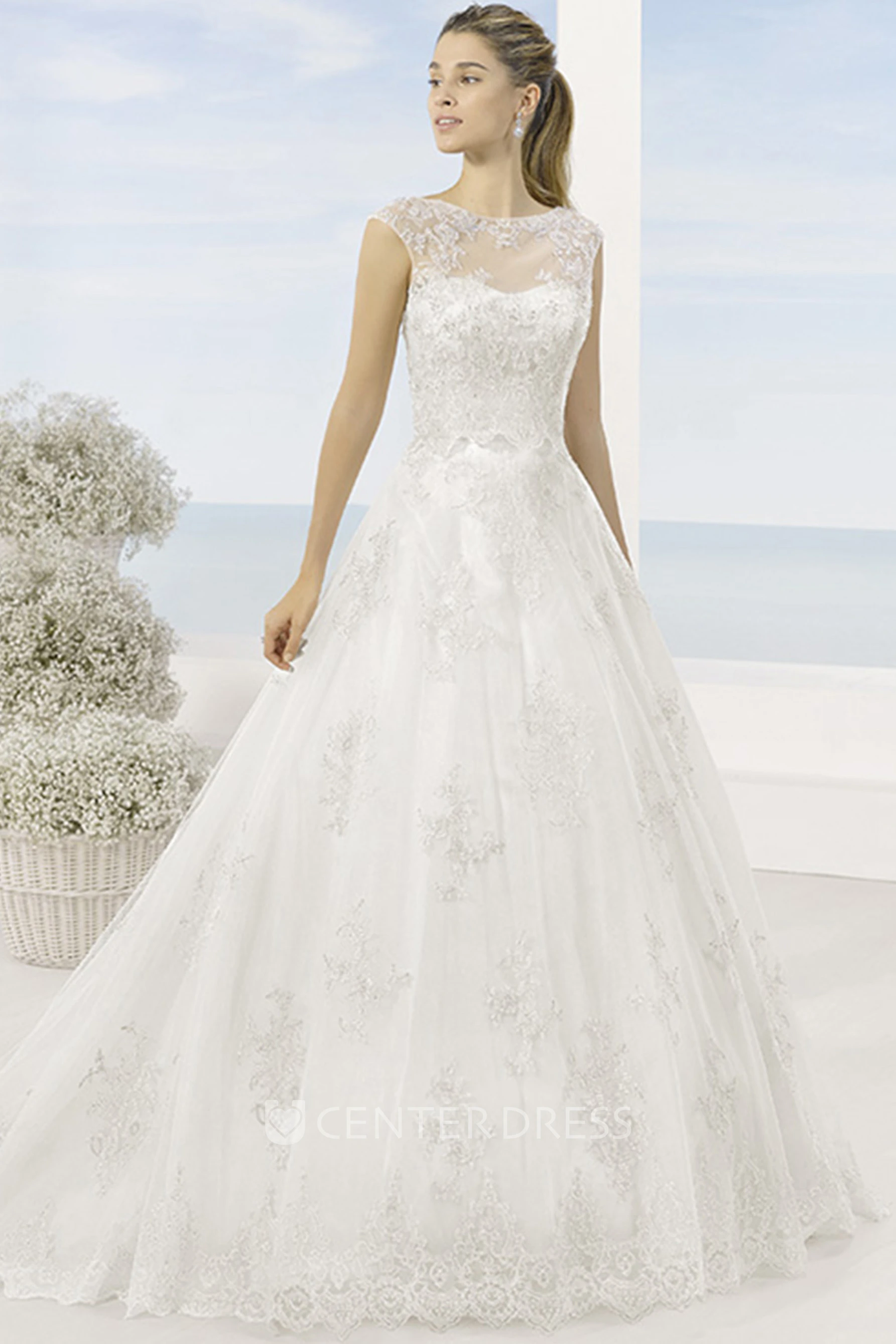 A-Line Maxi Scoop Appliqued Cap-Sleeve Lace Wedding Dress With Chapel Train