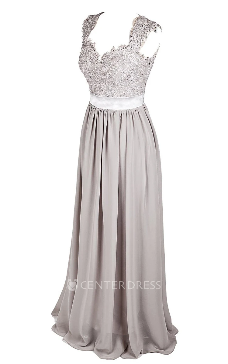 Cap-sleeve Long Dress With Lace Bodice and Sash
