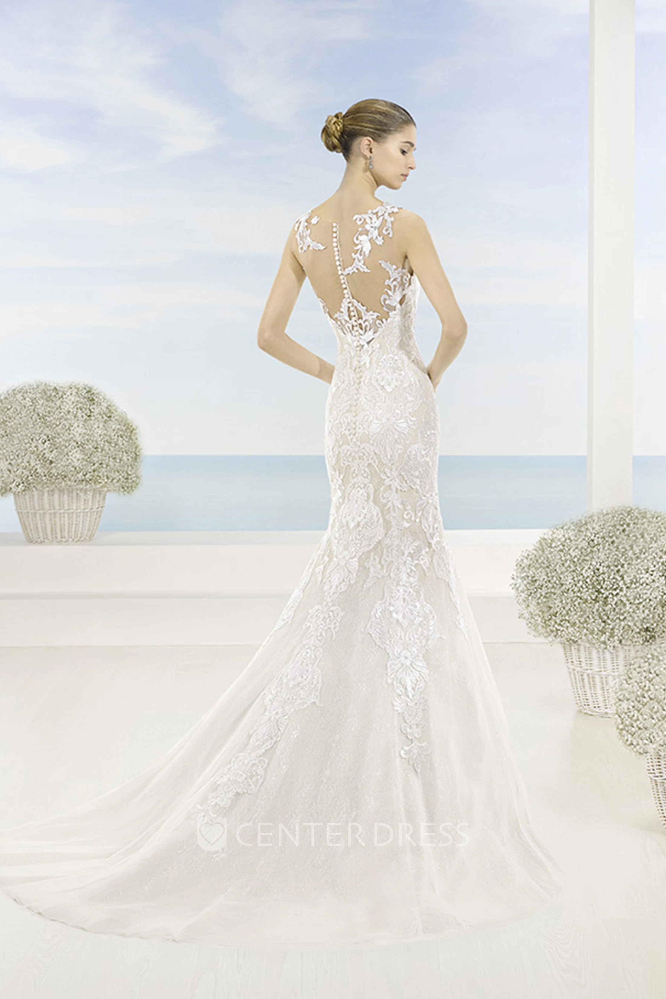 Mermaid Sleeveless Appliqued Floor-Length Bateau Lace Wedding Dress With Court Train And Illusion Back