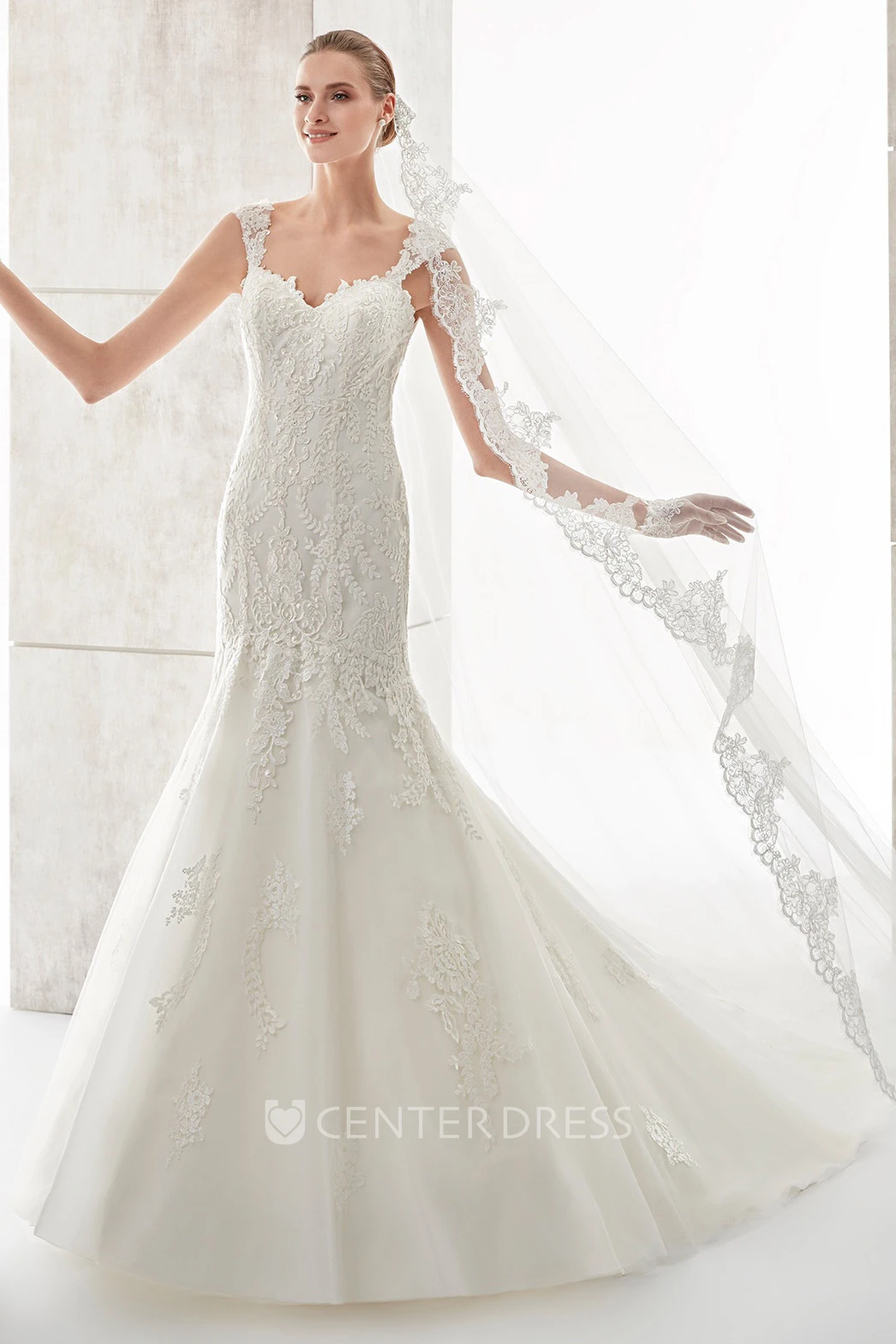 Square-Neck Court-Train Mermaid Wedding Dress With Illusive Lace Straps And Back