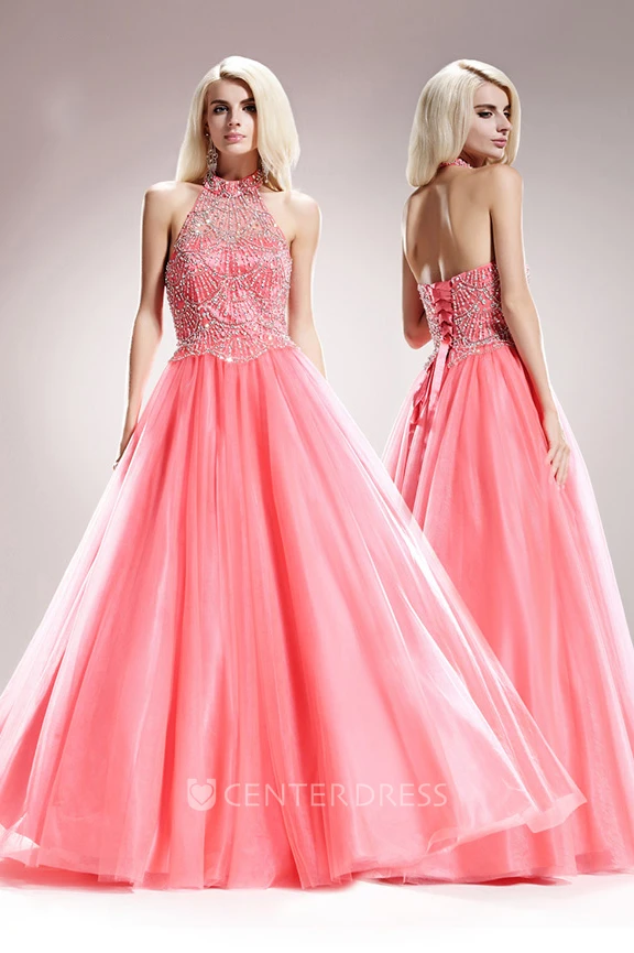 A-Line High Neck Sleeveless Tulle Satin Backless Dress With Beading And Pleats