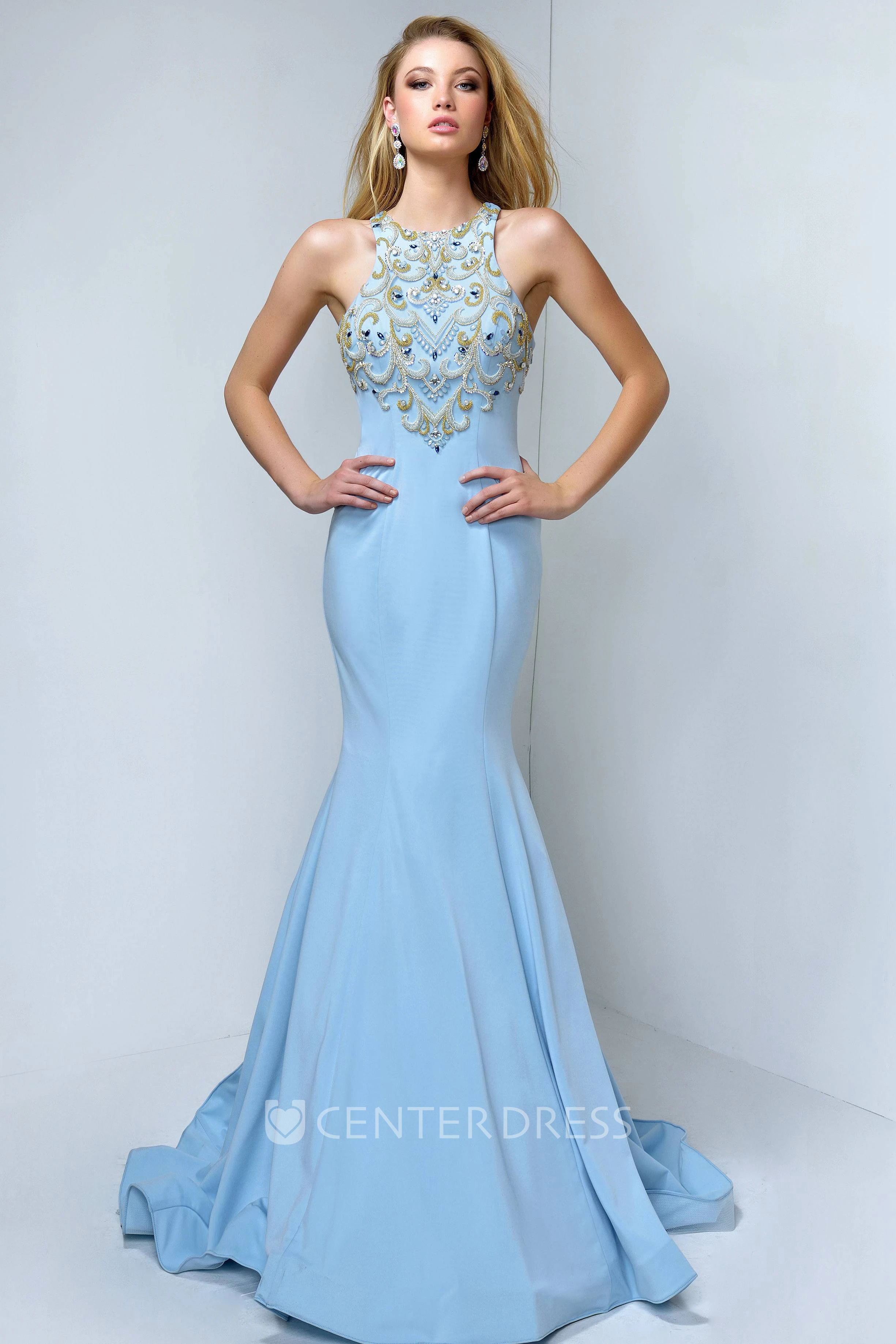 Trumpet Scoop-Neck Sleeveless Jersey Illusion Dress With Beading And Ruffles