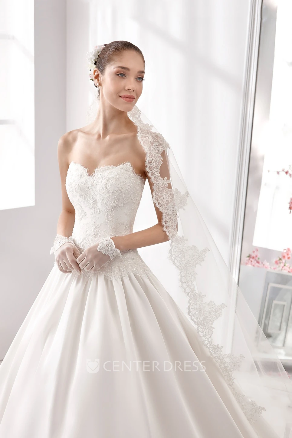 Strapless Appliqued A-Line Wedding Dress With Notched Neckline And