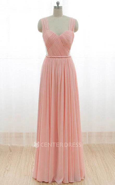 Floor-length Straps Pleats Chiffon Dress with V Back