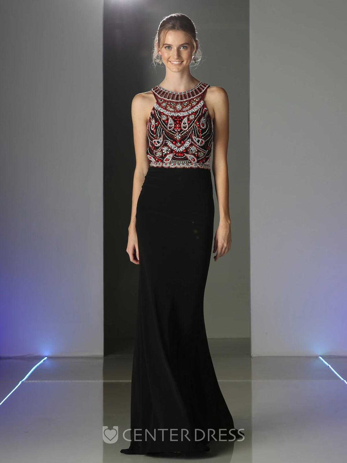 Sheath Long Jewel-Neck Sleeveless Jersey Keyhole Dress With Crystal Detailing