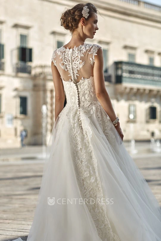 A-Line Floor-Length High-Neck Cap-Sleeve Appliqued Lace&Tulle Wedding Dress With Pleats