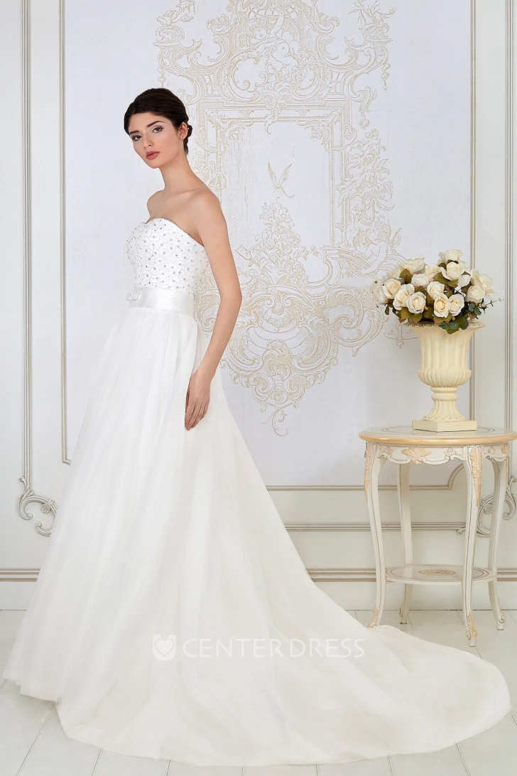 A-Line Beaded Sleeveless Maxi Strapless Tulle Wedding Dress