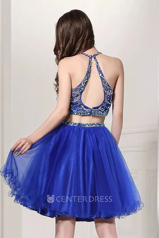 Two Piece Halter Sleeveless Beading Pleats Short Mini Lace Homecoming Dress