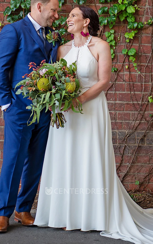 Simple A-Line Halter Satin Wedding Dress With Open Back And Lace