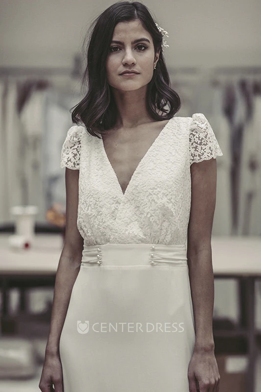 Plunging Puff Sleeve Open Back Cute Lace And Satin Wedding Dress