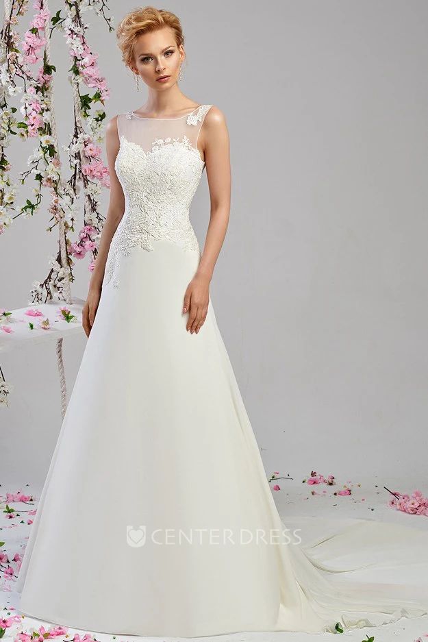 A-Line Bateau-Neck Appliqued Sleeveless Long Chiffon&Satin Wedding Dress