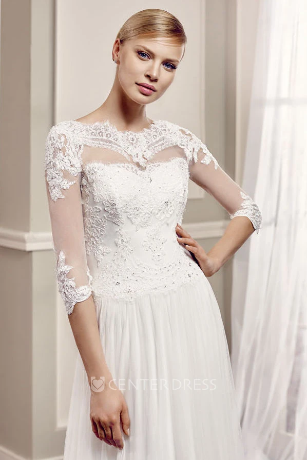 Bateau Floor-Length Beaded Half Sleeve Tulle Wedding Dress