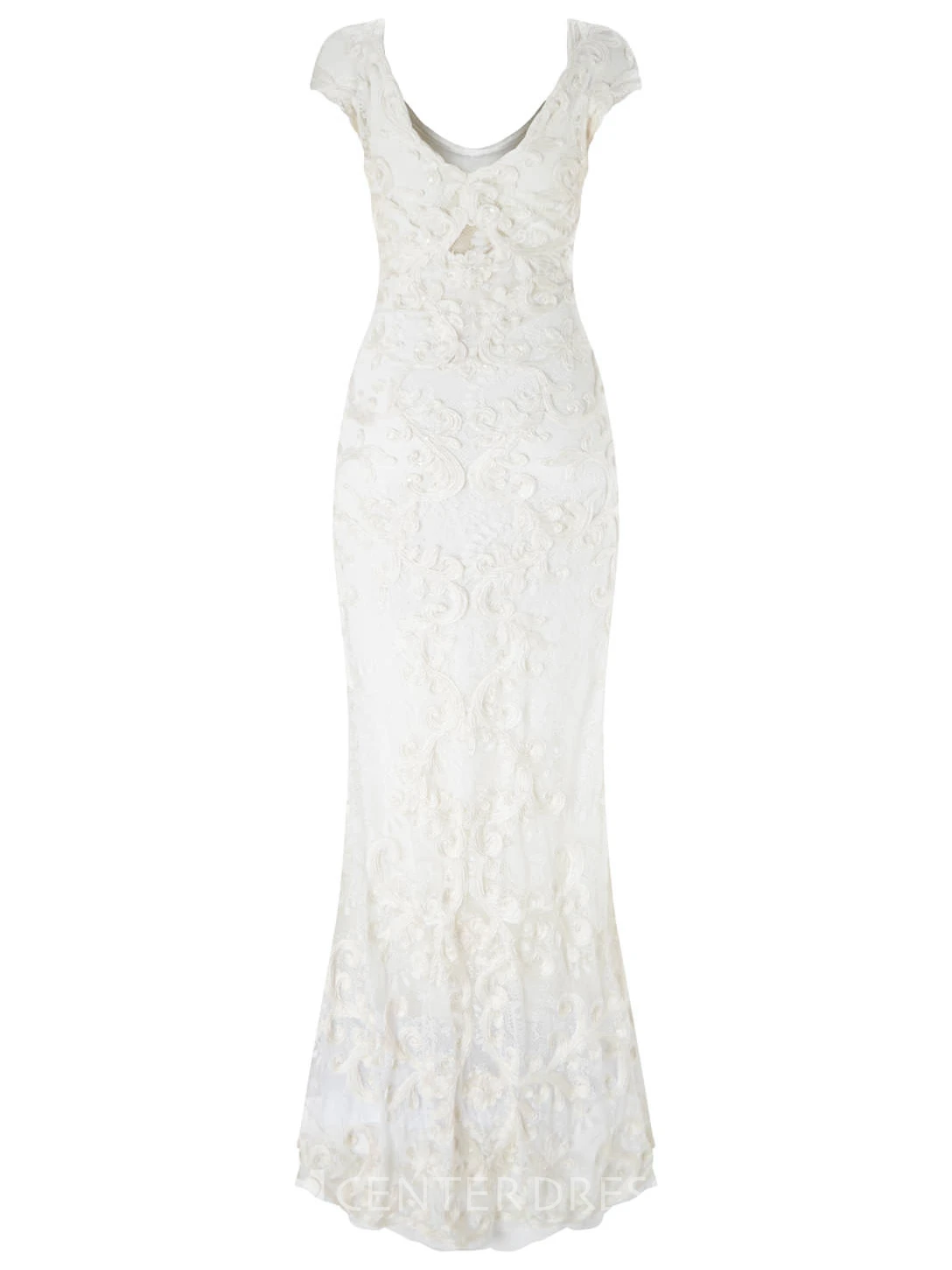 Sheath V-Neck Cap-Sleeve Lace Spring Wedding Dress With Embroidery