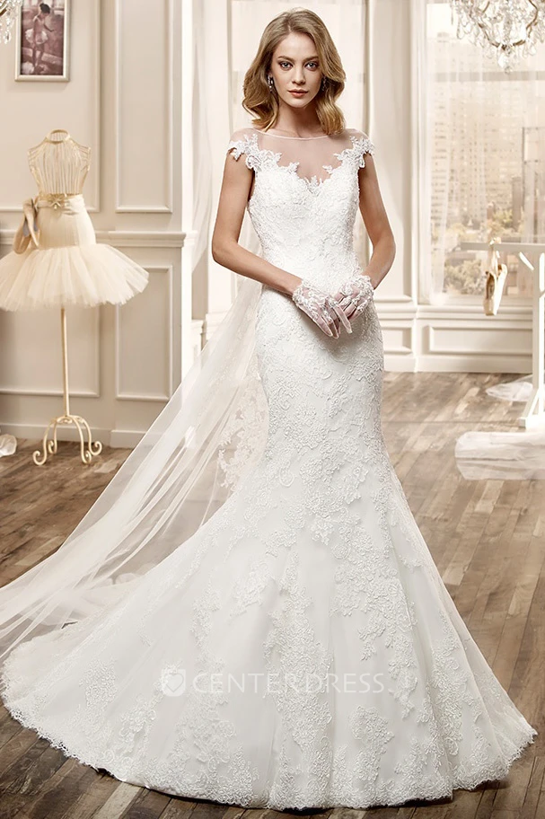 Cap-Sleeve Mermaid Wedding Dress With Open Back And Appliques