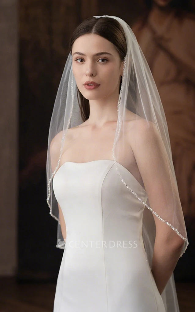 Modern Sparkly One-Tier Waterfall Sequin Pearl Tulle Elbow Length Short Wedding Veil