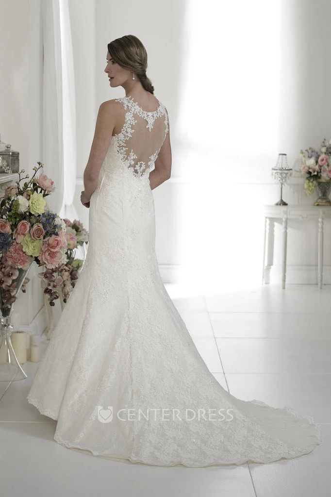 Mermaid Appliqued Maxi Sleeveless Scoop Lace Wedding Dress With Illusion Back And Watteau Train