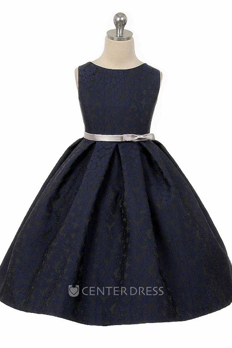 Tea-Length Tiered Pleated Satin Flower Girl Dress