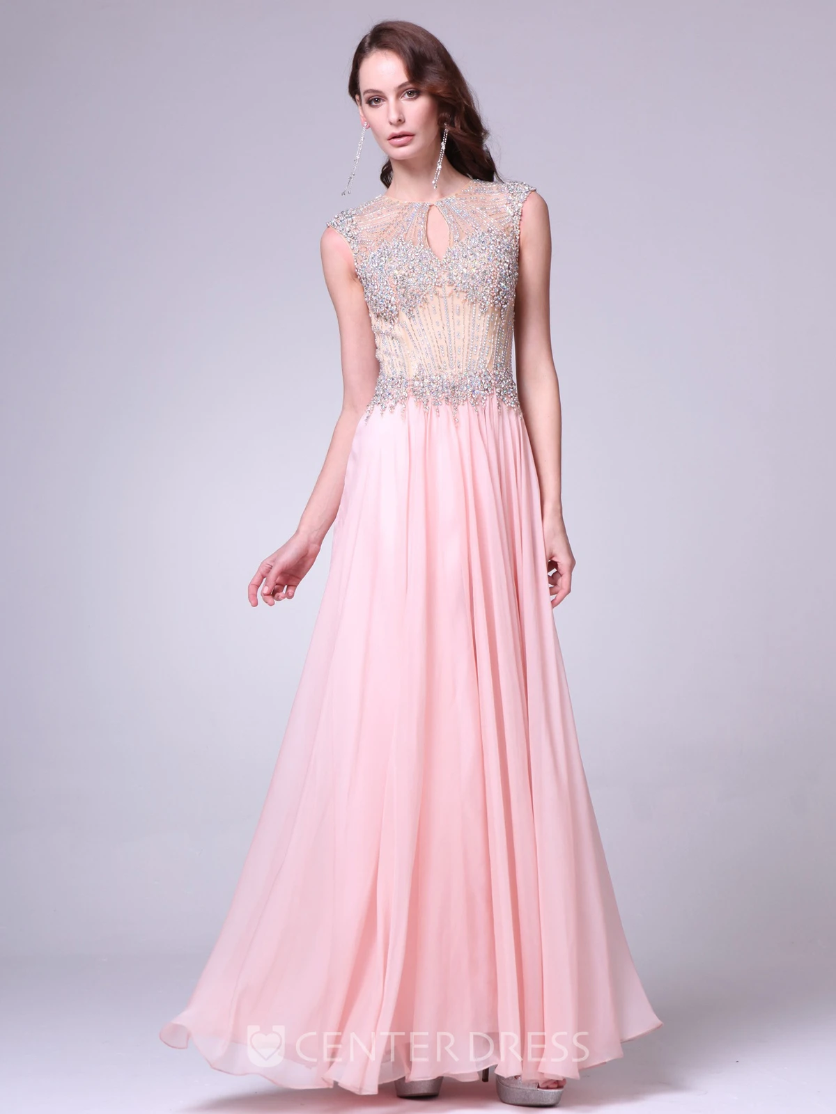 A-Line Jewel-Neck Sleeveless Chiffon Keyhole Dress With Beading And Pleats