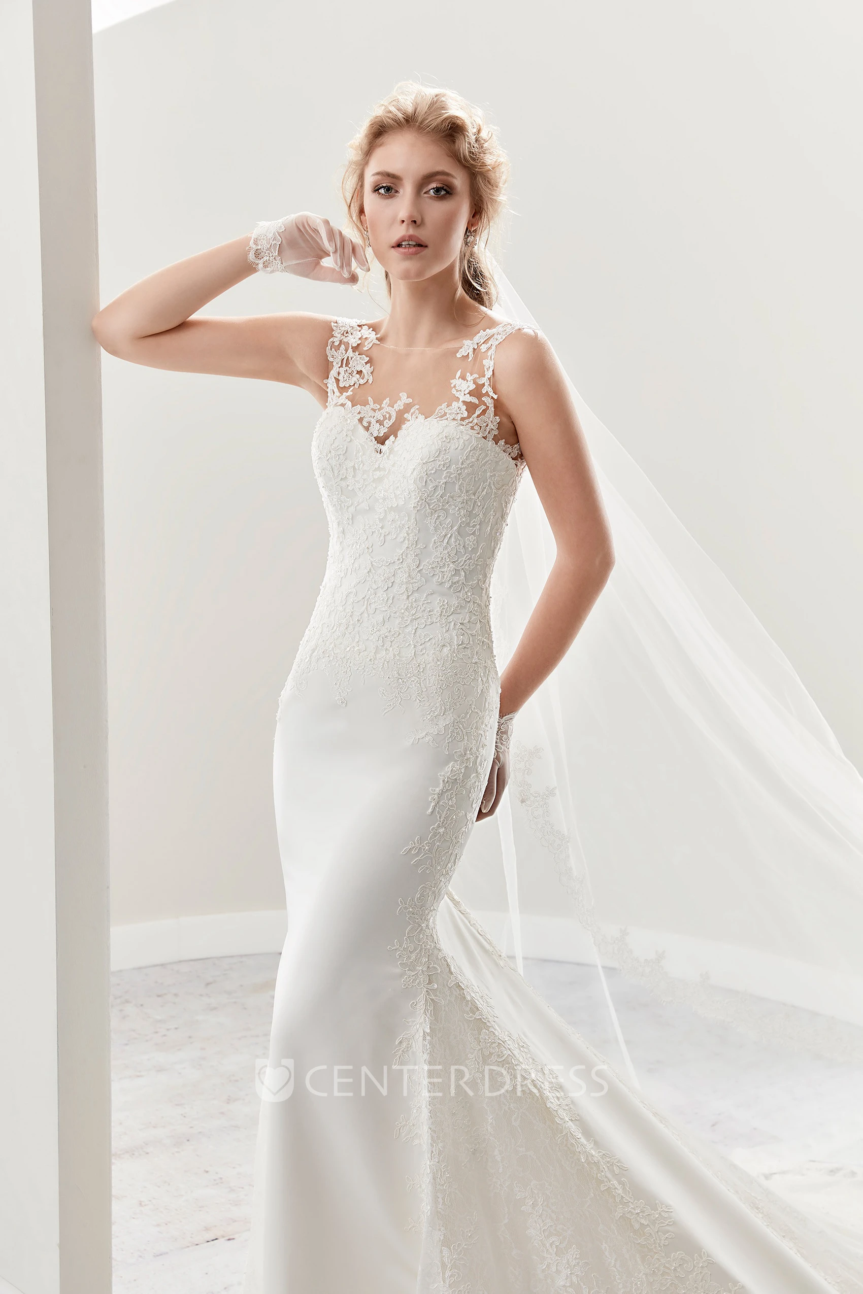 Illusion Cap Sleeve Sheath Lace Bridal Gown With Appliques And Open Back