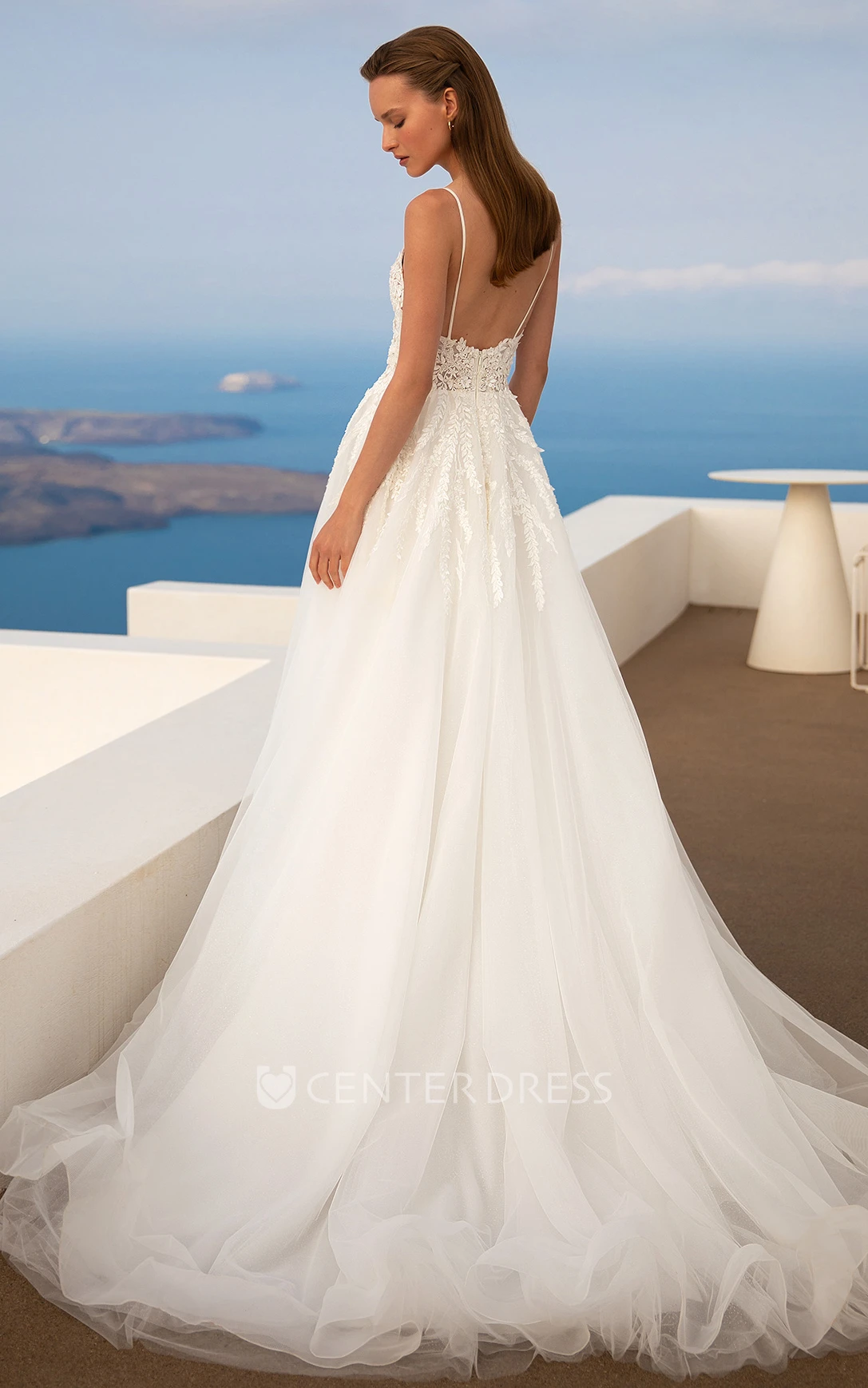 Romantic Spaghetti A-Line Lace Tulle Wedding Dress With Open Back And Appliques